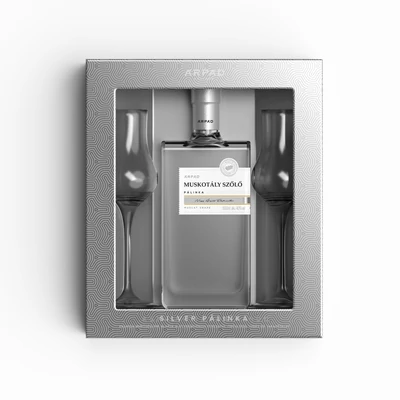 Silver Muskotály Szőlő Pálinka ablakos díszdobozban 0,5L  + 2 db Tulipán pálinkáspohár  (40%)