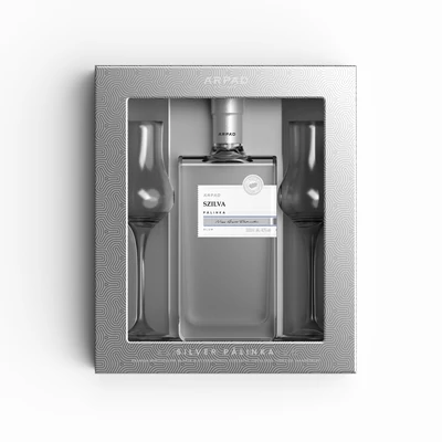 Silver Szilva Pálinka ablakos díszdobozban 0,5 L + 2 db Tulipán pálinkáspohár (40%)