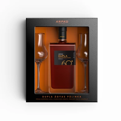 Dupla 60 Ágyas Cigánymeggy Pálinka ablakos díszdobozban 0.5L + 2 db Tulipán pálinkáspohár (60%)