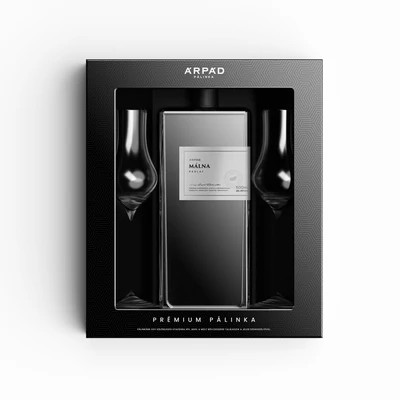 Prémium Málna Párlat ablakos díszdobozban 0.5L + 2db Tulipán Pálinkáspohár(40%)