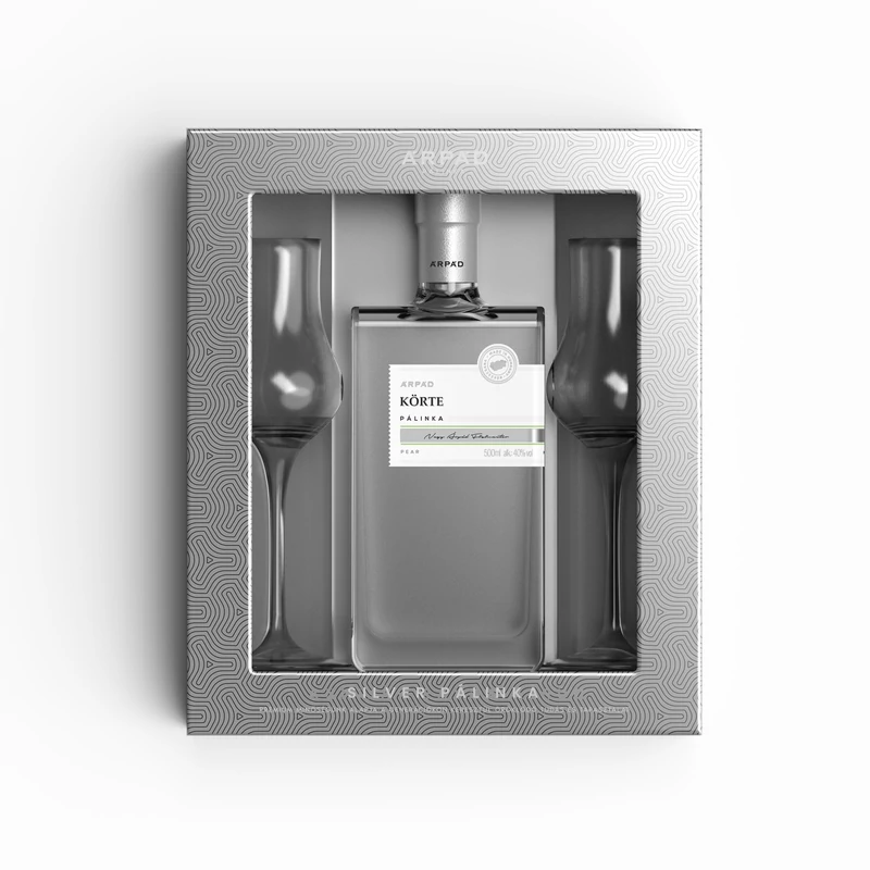 Silver Körte Pálinka ablakos díszdobozban 0,5 L  + 2 db Tulipán pálinkáspohár (40%)