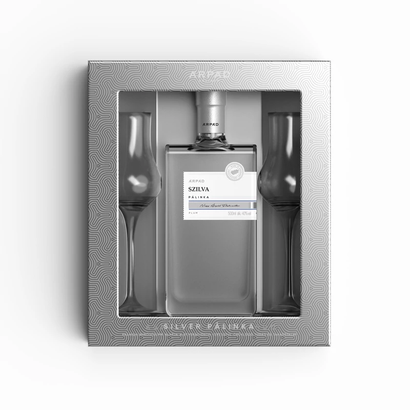 Silver Szilva Pálinka ablakos díszdobozban 0,5 L + 2 db Tulipán pálinkáspohár (40%)