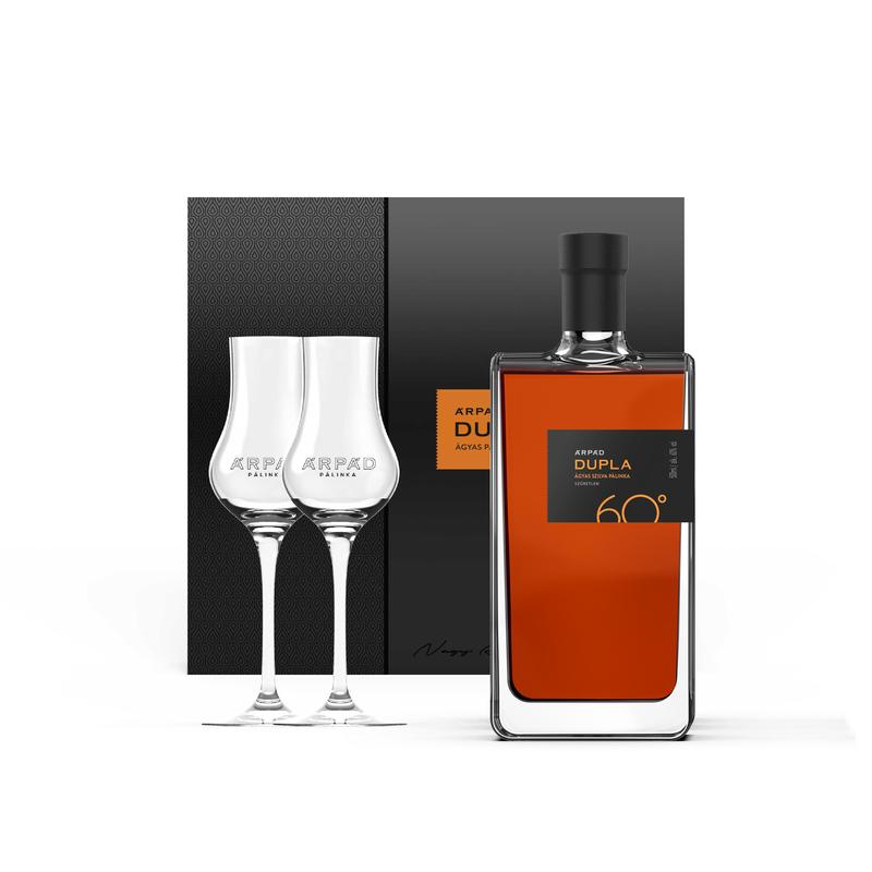 Dupla 60 Ágyas Szilva Pálinka díszdobozban 0.5L + 2 db Tulipán pálinkáspohár (60%)