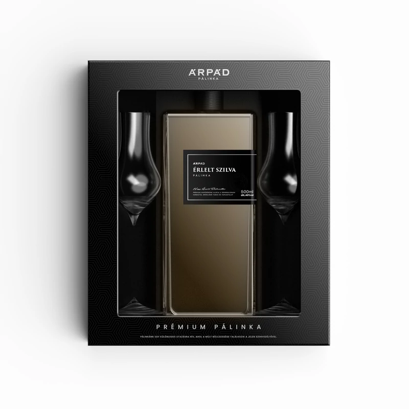 Prémium Érlelt Szilva Pálinka ablakos díszdobozban 0.5L + 2db Tulipán Pálinkáspohár(40%)