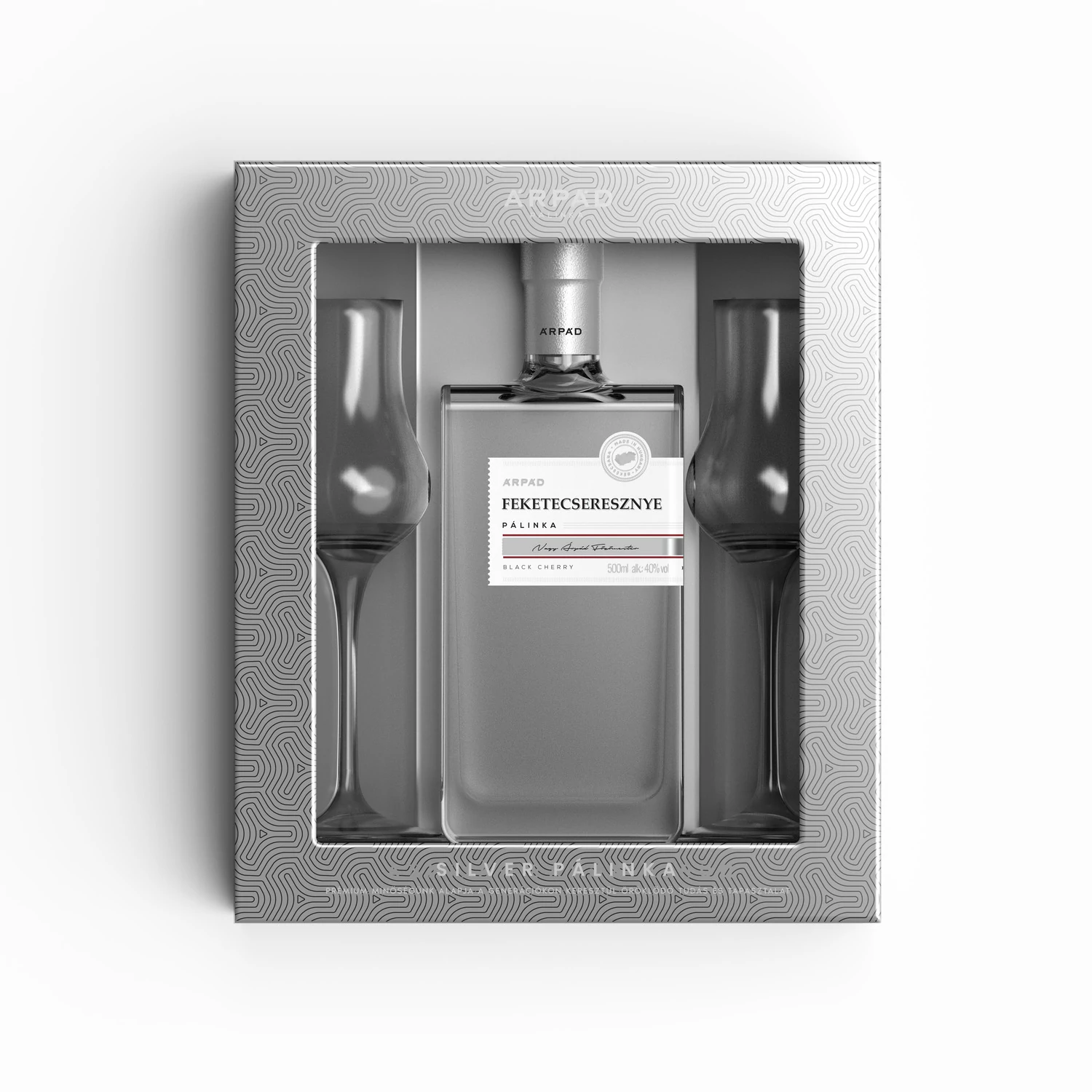 Silver Feketecseresznye Pálinka ablakos díszdobozban 0,5 L + 2 db Tulipán pálinkáspohár (40%)