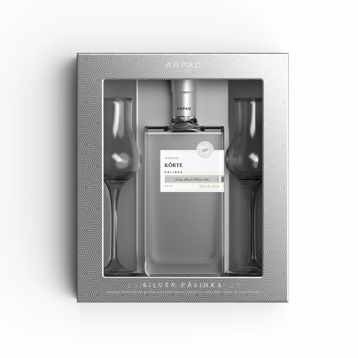 Silver Körte Pálinka ablakos díszdobozban 0,5 L  + 2 db Tulipán pálinkáspohár (40%)