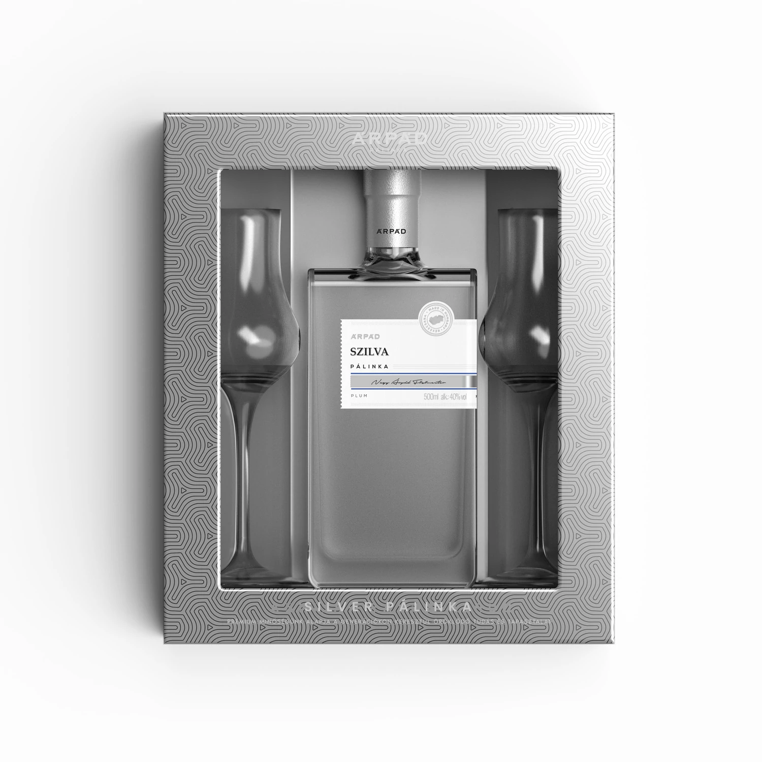 Silver Szilva Pálinka ablakos díszdobozban 0,5 L + 2 db Tulipán pálinkáspohár (40%)