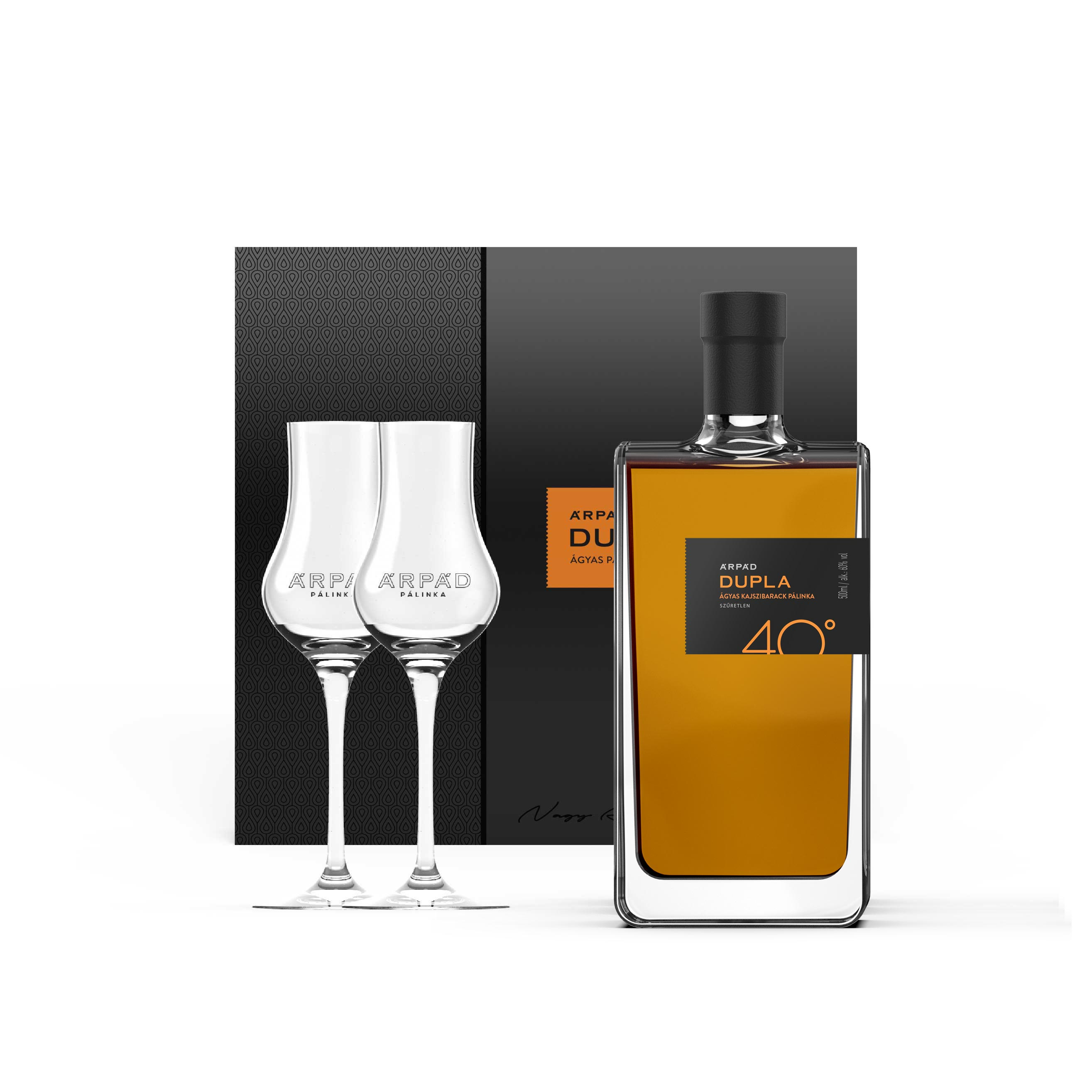 Dupla 40 Ágyas Kajszibarack Pálinka díszdobozban 0.5L + 2 db Tulipán pálinkáspohár (40%)